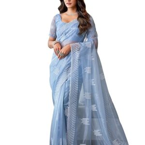 SIRIL Women's Embroidery Work Organza Saree with Unstitched Blouse Piece Light Blue