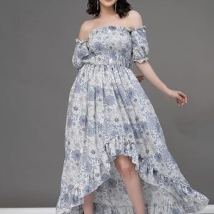 OOMPH! Flared Dress for Women Stylish | Long One Piece for Women | Off Shoulder Puff Sleeve Long Dress | Floral Print Maxi One Piece | Western & Fusion wear Bohemian Style Light Grey