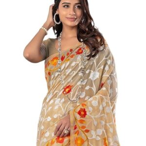 SIRIL Women's Cotton Jacquard Saree With Unstitched Blouse Piece Beige & Orange