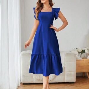 Shasmi Girl's & Women's Solid Color Square Neck, Ruffle-Trimmed Hem Sleeveless, Ruffle Armhole and Casual Dress with Cinched Waist Vacation Outfits Woman (Dress 162) Royal Blue