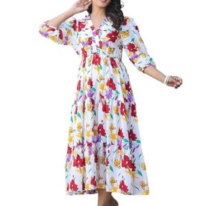Leriya Fashion Women?s Floral High-Low Maxi Dress | V-Neck A-Line Fit | 3/4 Sleeve Summer Outfit for Vacation, Brunch, Festive & Beach Wear Multicolor