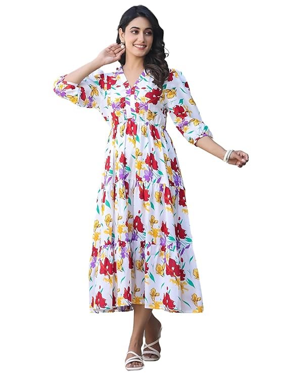 Leriya Fashion Women?s Floral High-Low Maxi Dress | V-Neck A-Line Fit | 3/4 Sleeve Summer Outfit for Vacation, Brunch, Festive & Beach Wear Multicolor