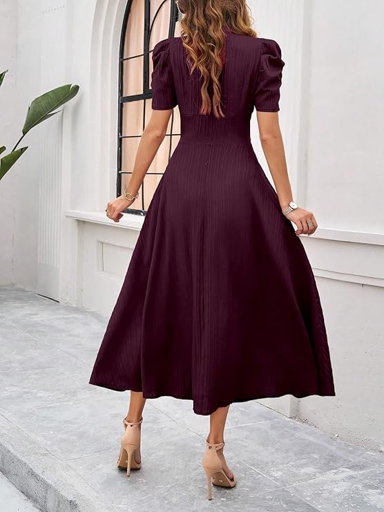 Shasmi Girl's & Women's Solid Color V-Neck A-Line Maxi Dress for Women | New Year Party Outfit | Waist Cinched Puff Sleeve Western Dress | Elegant Casual Wear (Dress 246) Magenta - Image 2