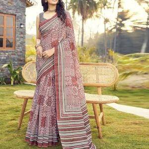SIRIL Women's Cotton Printed Ready To Wear Saree With Unstitched Blouse Piece Light Maroon