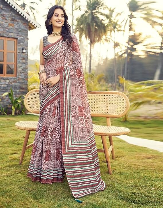 SIRIL Women's Cotton Printed Ready To Wear Saree With Unstitched Blouse Piece Light Maroon