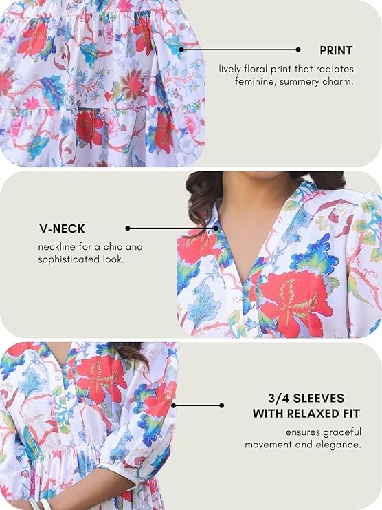 Leriya Fashion Women?s Floral High-Low Maxi Dress | V-Neck A-Line Fit | 3/4 Sleeve Summer Outfit for Vacation, Brunch, Festive & Beach Wear White - Image 3