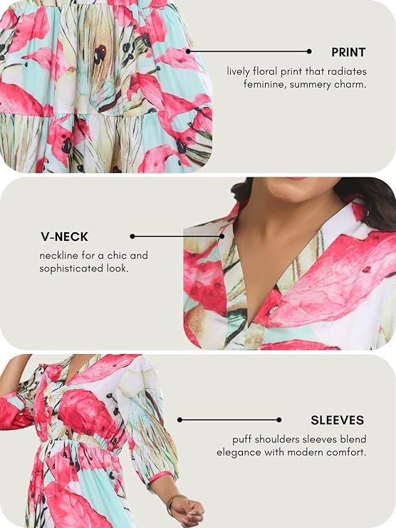 Leriya Fashion Women?s Floral High-Low Maxi Dress | V-Neck A-Line Fit | 3/4 Sleeve Summer Outfit for Vacation, Brunch, Festive & Beach Wear Pink - Image 3