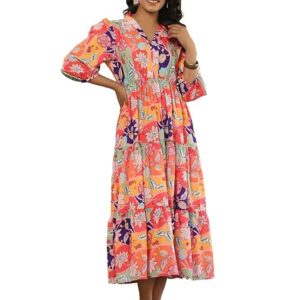 Leriya Fashion Women?s Floral High-Low Maxi Dress | V-Neck A-Line Fit | 3/4 Sleeve Summer Outfit for Vacation, Brunch, Festive & Beach Wear Orange