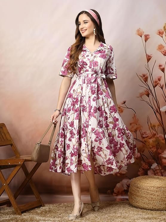 Stylum Women's Floral Printed Cotton Flared Dress Magenta - Image 2