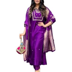 GoSriKi Women's Silk Blend Straight Embroidered Kurta with Pant & Dupatta Begani