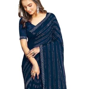 SIRIL Women's Chiffon Hot Fixing Stone Work Saree With Unstitched Blouse Piece Navy Blue