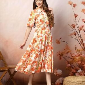 Stylum Women's Floral Printed Cotton Flared Dress Orange
