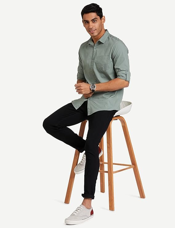 Men's Cotton Shirt | Casual | Plain | Full Sleeve | Summer - Regular Fit Granite Green - Image 2