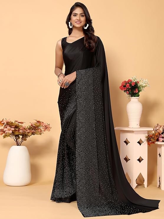 Satrani Women's Satin Silk Hot Fixing Saree with Unstitched Blouse Piece Black - Image 3