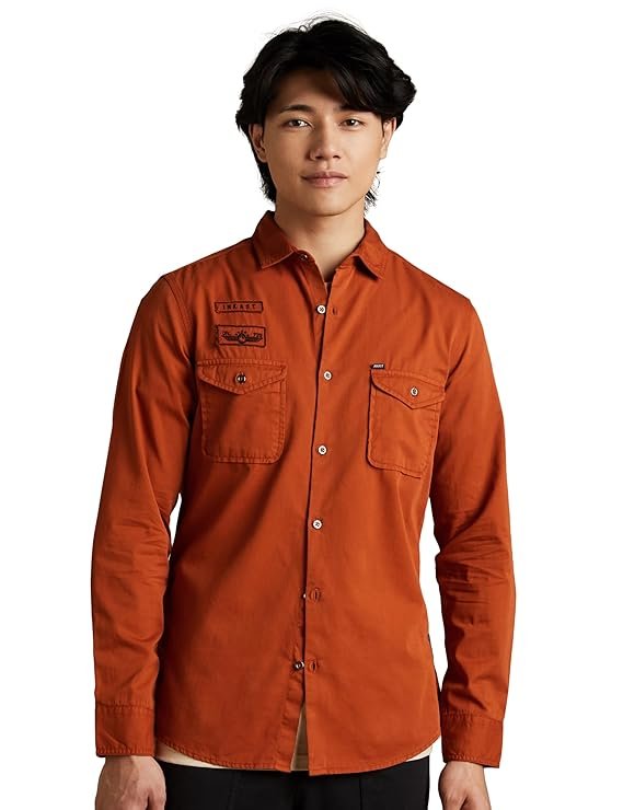 INKAST Men's Solid Double Pocket Cotton Shirt | Casual | Plain | Full Sleeve-Slim Fit Rust