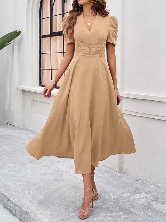 Shasmi Girl's & Women's Solid Color V-Neck A-Line Maxi Dress for Women | New Year Party Outfit | Waist Cinched Puff Sleeve Western Dress | Elegant Casual Wear (Dress 246) Skin - Image 3