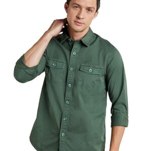 Symbol Premium Men's Casual Washed Cotton Twill Shirt (Regular Fit) Green