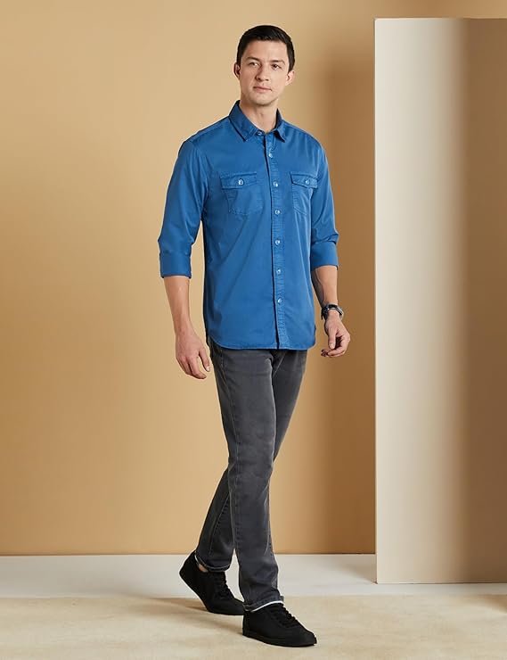 Symbol Premium Men's Casual Washed Cotton Twill Shirt (Regular Fit) Blue - Image 3