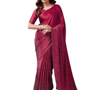 Satrani Women's Satin Silk Hot Fixing Saree with Unstitched Blouse Piece Maroon