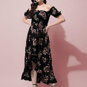 OOMPH! Flared Dress for Women Stylish | Long One Piece for Women | Off Shoulder Puff Sleeve Long Dress | Floral Print Maxi One Piece | Western & Fusion wear Bohemian Style Black