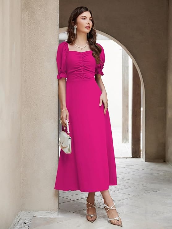 Shasmi Girl's & Women's Solid A-Line Ruched Puff Sleeve Maxi Long Evening One Piece Long Dress for Women Stylish (Dress 131) Hot Pink - Image 2