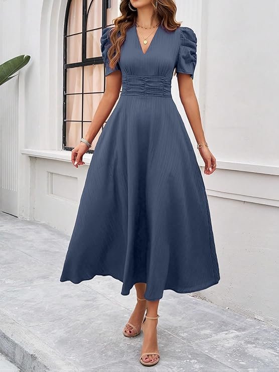 Shasmi Girl's & Women's Solid Color V-Neck A-Line Maxi Dress for Women | New Year Party Outfit | Waist Cinched Puff Sleeve Western Dress | Elegant Casual Wear (Dress 246) Indigo Blue - Image 3
