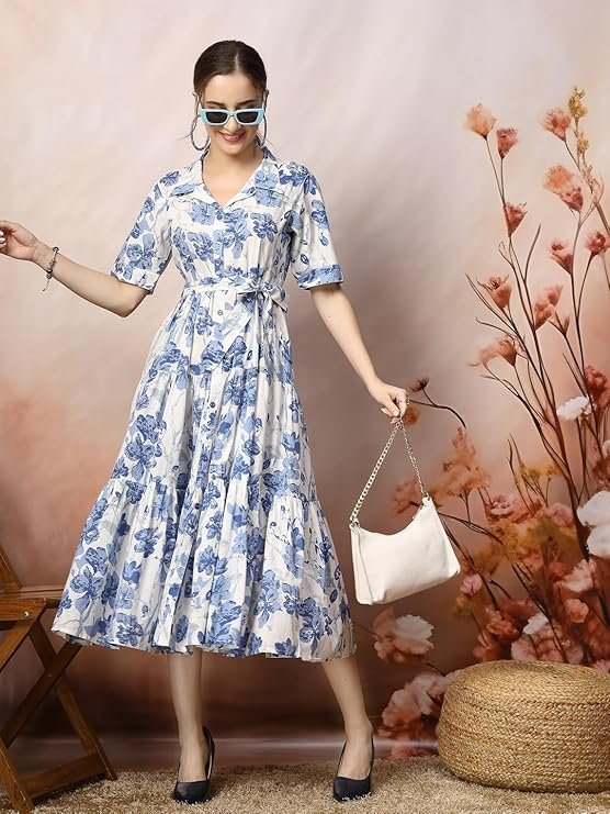 Stylum Women's Floral Printed Cotton Flared Dress Blue - Image 3