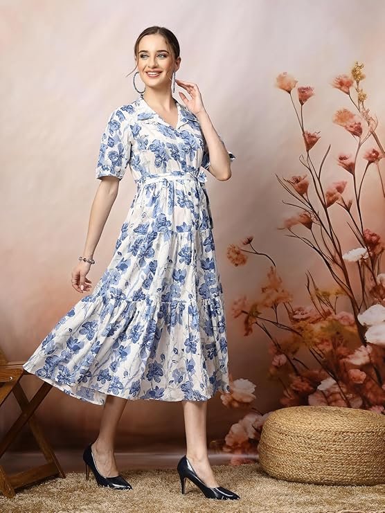 Stylum Women's Floral Printed Cotton Flared Dress Blue - Image 2