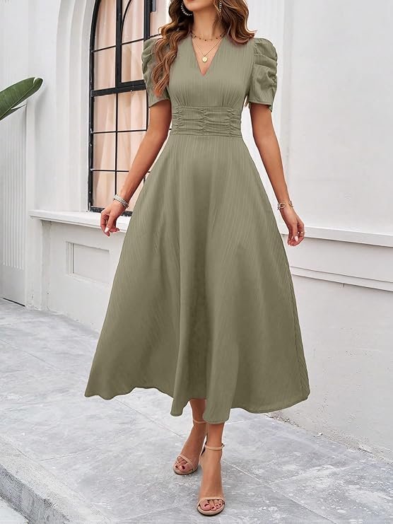 Shasmi Girl's & Women's Solid Color V-Neck A-Line Maxi Dress for Women | New Year Party Outfit | Waist Cinched Puff Sleeve Western Dress | Elegant Casual Wear (Dress 246) Pista - Image 2