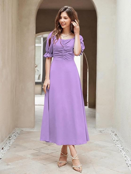 Shasmi Girl's & Women's Solid A-Line Ruched Puff Sleeve Maxi Long Evening One Piece Long Dress for Women Stylish (Dress 131) Light Purple - Image 3