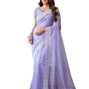 SIRIL Women's Embroidery Work Organza Saree with Unstitched Blouse Piece Lavender