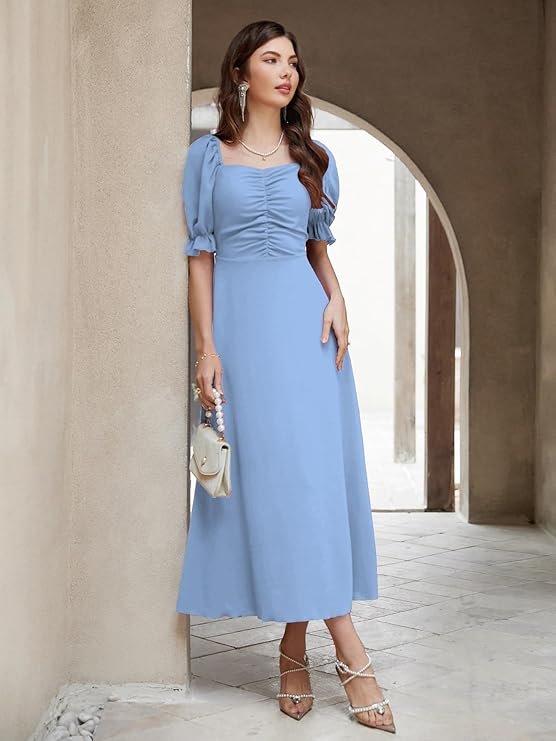 Shasmi Girl's & Women's Solid A-Line Ruched Puff Sleeve Maxi Long Evening One Piece Long Dress for Women Stylish (Dress 131) Light Blue - Image 2