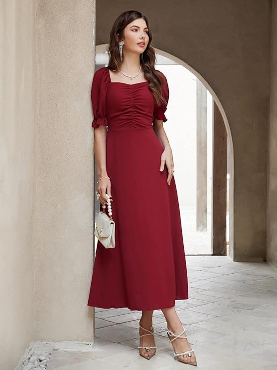 Shasmi Girl's & Women's Solid A-Line Ruched Puff Sleeve Maxi Long Evening One Piece Long Dress for Women Stylish (Dress 131) Maroon - Image 2