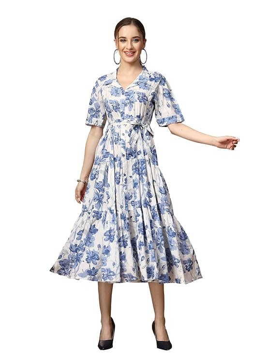 Stylum Women's Floral Printed Cotton Flared Dress Blue