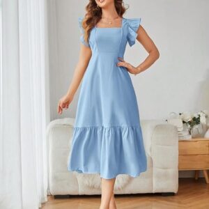 Shasmi Girl's & Women's Solid Color Square Neck, Ruffle-Trimmed Hem Sleeveless, Ruffle Armhole and Casual Dress with Cinched Waist Vacation Outfits Woman (Dress 162) baby Blue