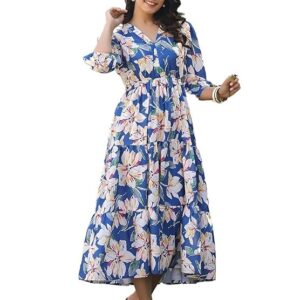 Leriya Fashion Women?s Floral High-Low Maxi Dress | V-Neck A-Line Fit | 3/4 Sleeve Summer Outfit for Vacation, Brunch, Festive & Beach Wear Blue