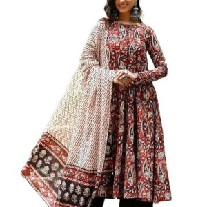 Nermosa Women Printed Anarkali Kurta and Pant Set with Dupatta Maroon