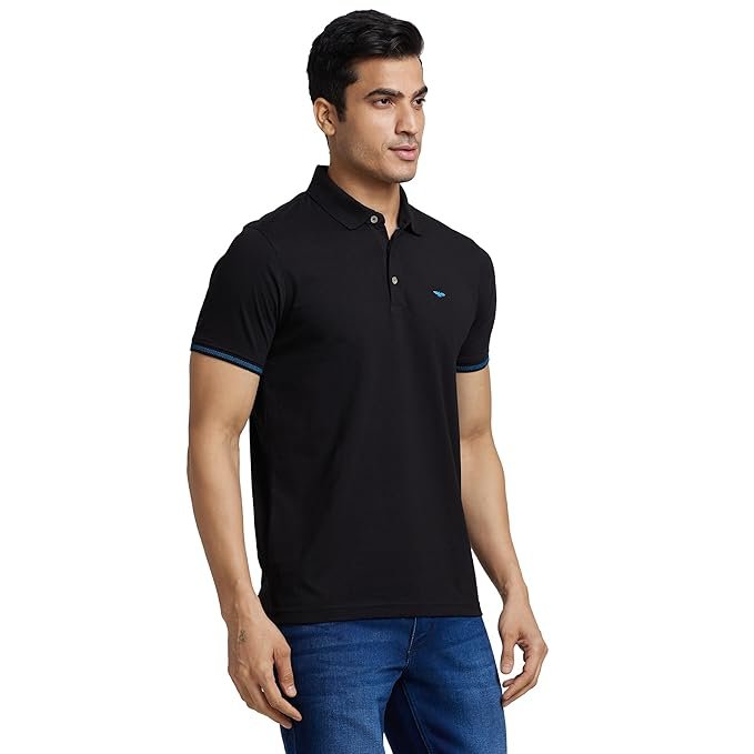 Park Avenue Men's Cotton Polyester Blend Solid Pattern Slim Fit Rib Collar Polo Neck Half Sleeve T-Shirt - Image 2