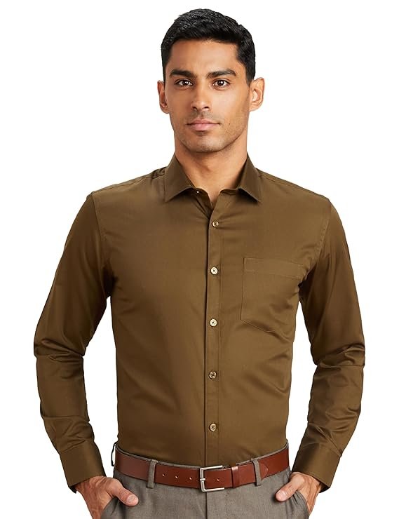 Men's Solid Cotton Formal Shirt | Plain | Full Sleeve - Regular Fit Brown