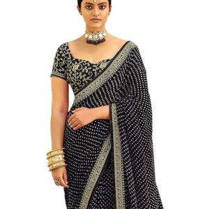 SIRIL Women's Bandhani Printed Embroidery Lace Georgette Saree with Unstitched Blouse Piece Black