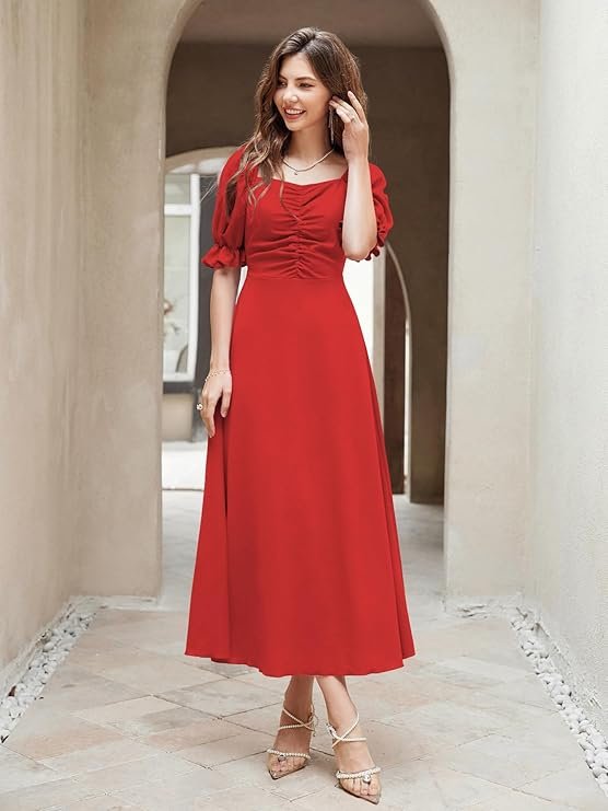 Shasmi Girl's & Women's Solid A-Line Ruched Puff Sleeve Maxi Long Evening One Piece Long Dress for Women Stylish (Dress 131) Red - Image 3