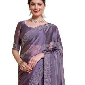 SIRIL Women's Chiffon Hot Fixing Stone Work Saree With Unstitched Blouse Piece Mauve