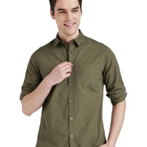 Men's Cotton Shirt | Casual | Plain | Full Sleeve | Summer - Regular Fit Olive