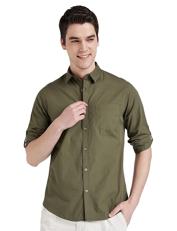 Men's Cotton Shirt | Casual | Plain | Full Sleeve | Summer - Regular Fit Olive