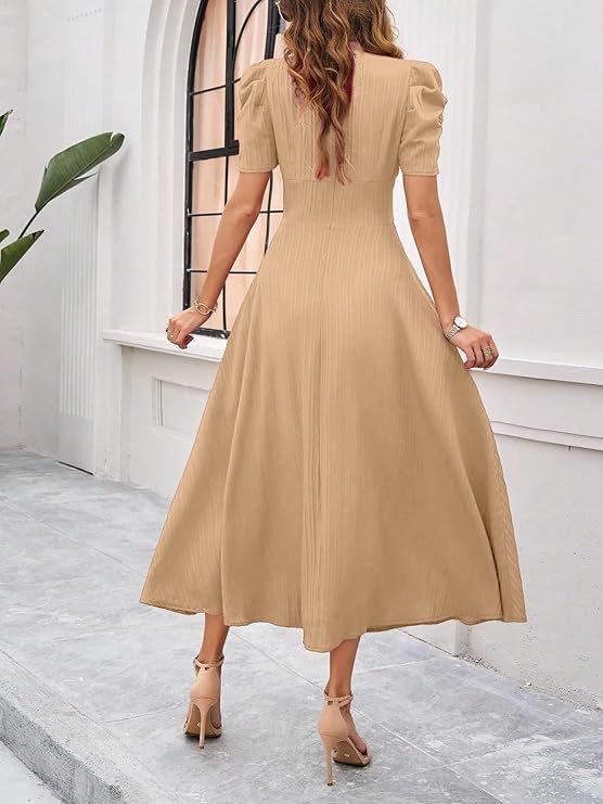 Shasmi Girl's & Women's Solid Color V-Neck A-Line Maxi Dress for Women | New Year Party Outfit | Waist Cinched Puff Sleeve Western Dress | Elegant Casual Wear (Dress 246) Skin - Image 2