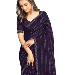 SIRIL Women's Chiffon Hot Fixing Stone Work Saree With Unstitched Blouse Piece Dark Blue