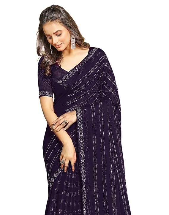 SIRIL Women's Chiffon Hot Fixing Stone Work Saree With Unstitched Blouse Piece Dark Blue