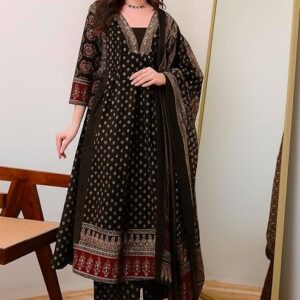 KLOSIA Women's Rayon Printed Anarkali Kurta and Pant with Dupatta Set Black
