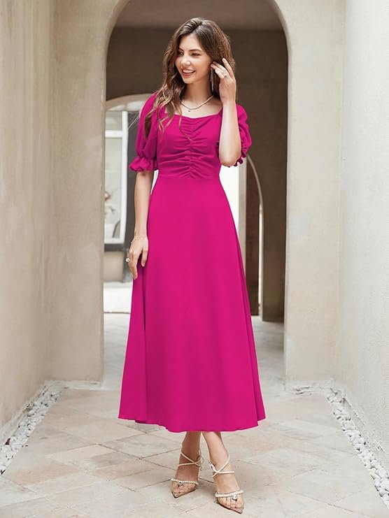 Shasmi Girl's & Women's Solid A-Line Ruched Puff Sleeve Maxi Long Evening One Piece Long Dress for Women Stylish (Dress 131) Hot Pink - Image 3