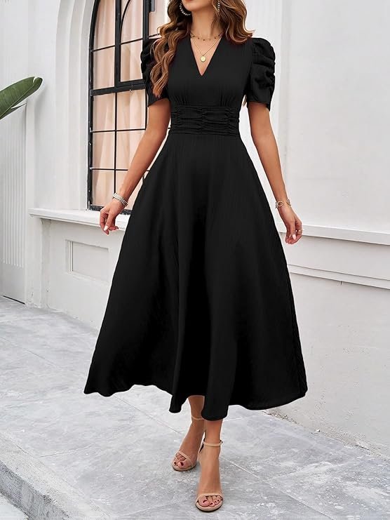 Shasmi Girl's & Women's Solid Color V-Neck A-Line Maxi Dress for Women | New Year Party Outfit | Waist Cinched Puff Sleeve Western Dress | Elegant Casual Wear (Dress 246) Black - Image 3